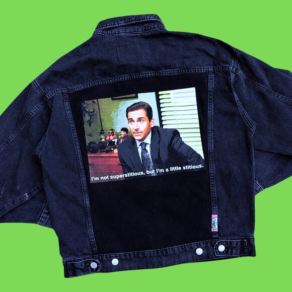 SOLD Handmade, Upcycled The Office, Michael Scott Denim Jacket Size XS - Picture 1 of 4